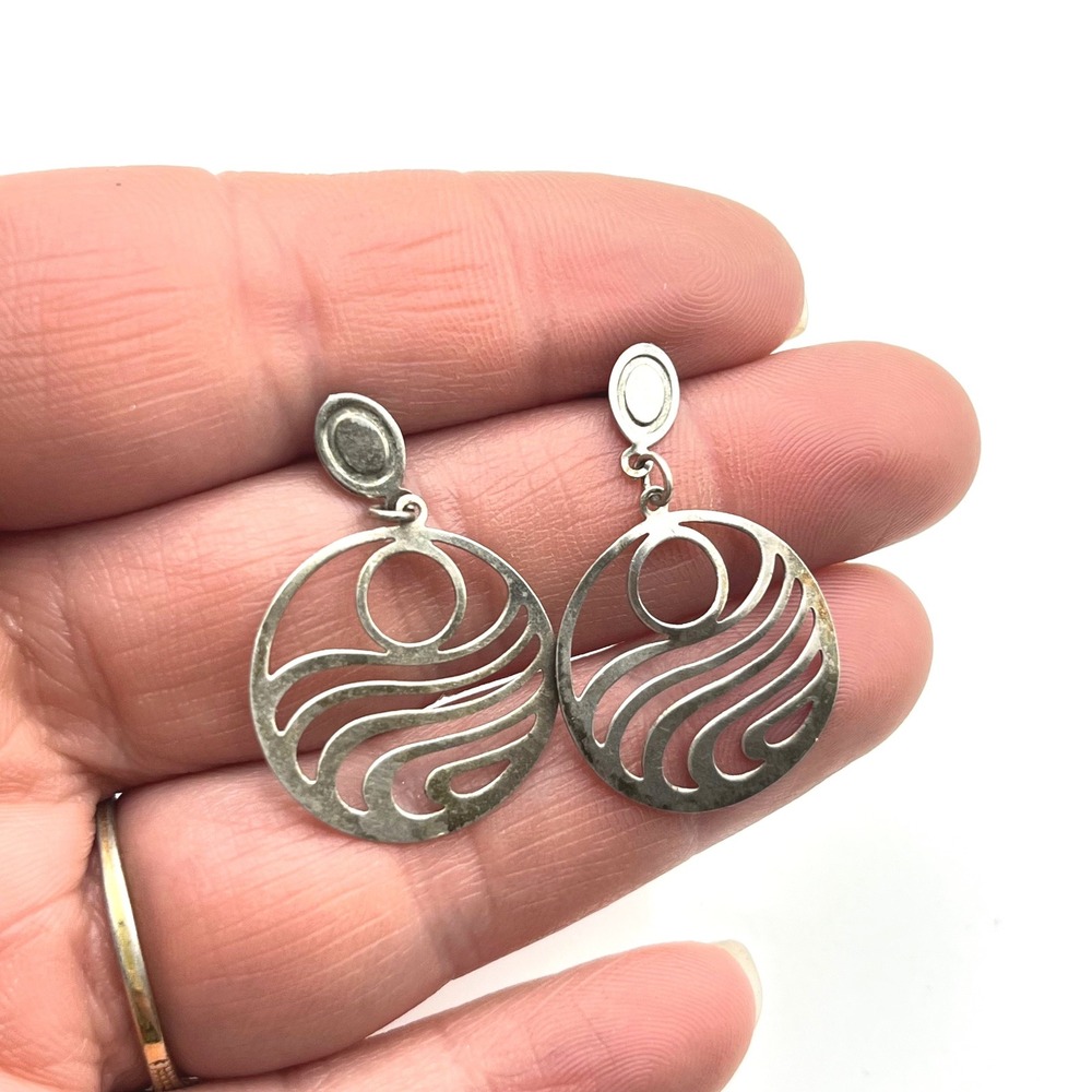 Silver Tone Wave and Sun Cutout Round‎ Drop Post Earrings Coastal Nautical Style